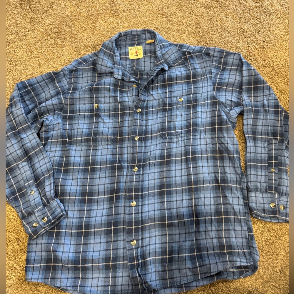 Red Head Blue and light blue Plaid Button Down Shirt